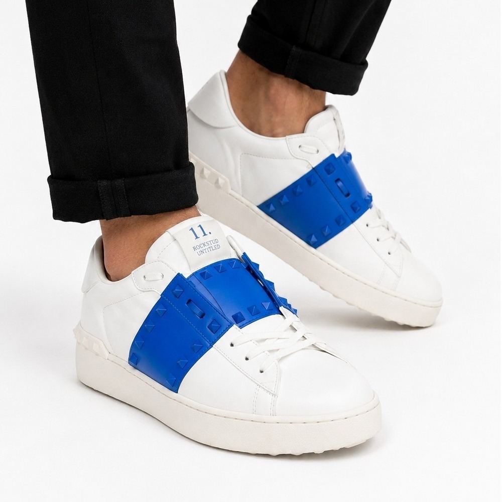 Valentino Men's sneakers white blue EU 42.5 Rockstud leather luxury shoes